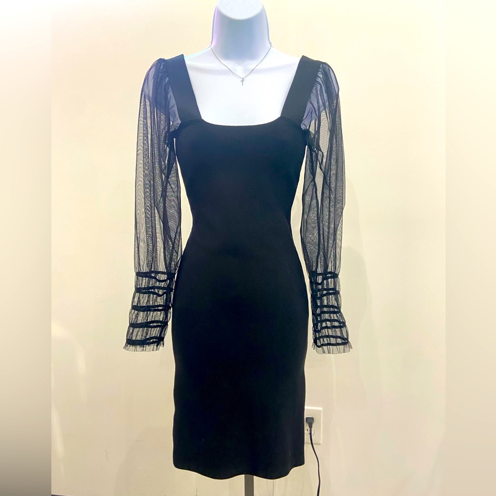 Cocktail Dress with Long Sheer Sleeves and Square Neck